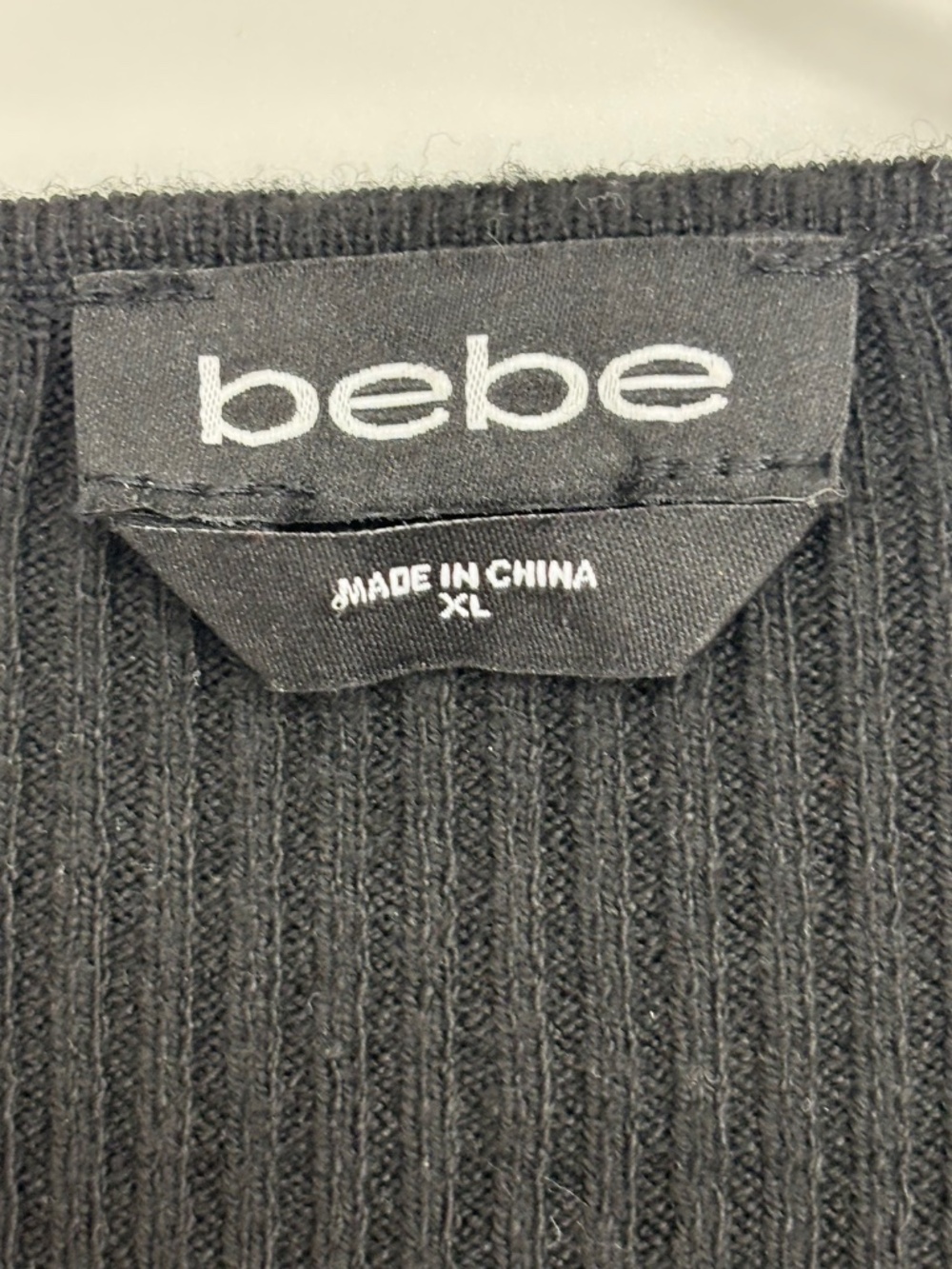 BEBE Womens XL Asymmetric Ribbed Knit Sweater Black Side LOGO Surplice Faux Wrap - Picture 5 of 8